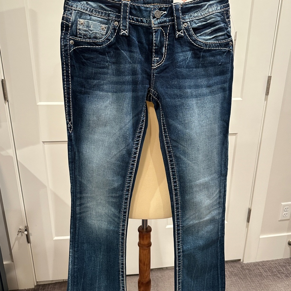 ‼️NWT Rock Revival Blue Boot Cut Jeans with Faded Wash and Intricate Stitching‼️